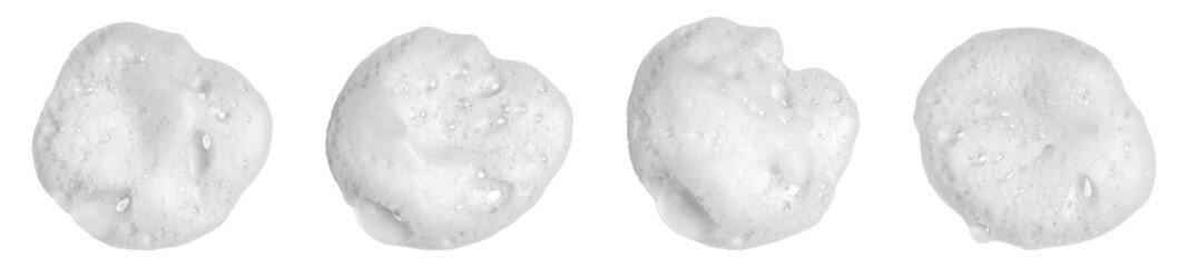 Set of white foam or soap bubbles isolated on white background, symbolizing cleanliness, freshness, and hygiene. Perfect for cosmetic, skincare, or cleaning product design concepts.
