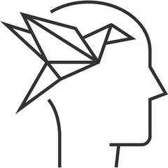 Simple Line Art Icon Of A Geometric Origami Bird Emerging From The Silhouette Of A Human Head Representing Creativity And Ideas On A Transparent Background
