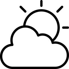 Simple Line Art Icon of a Sun Partially Hidden Behind a Fluffy Cloud on a Transparent Background