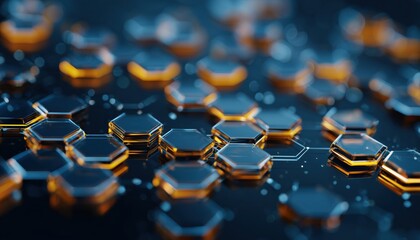 Cutting-Edge Science: Revolutionizing Circuit Boards With Hexagons And Polygons In Advanced Digital Technology. Futuristic Abstract Design In Dark Blue.