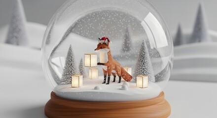 Cute fox in a snow globe holding lanterns with festive trees
