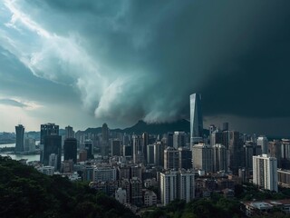 태풍 오기 전 먹구름 도시