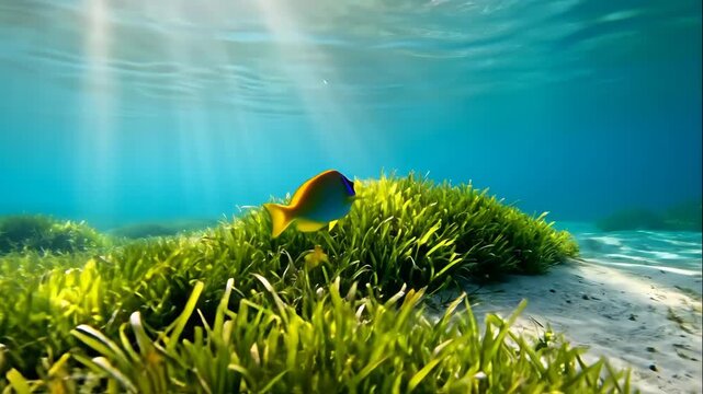 An animated tropical fish swims over seagrass in a sunlit underwater scene. Colorful angelfish in a vibrant marine ecosystem