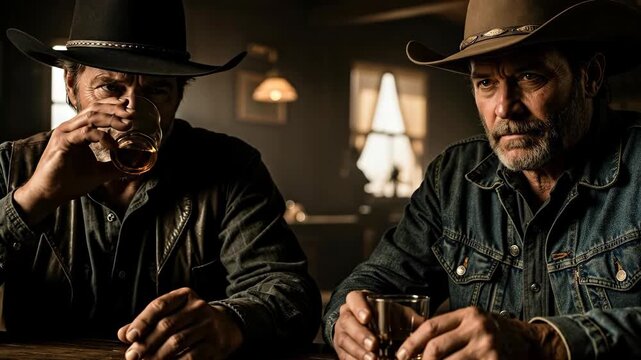 Two rugged cowboys drinking whiskey in an old western saloon. Friends sitting at a bar with a serious expression. American frontier concept