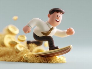 Cartoon businessman surfing on wave of gold coins digital art playful environment optimistic view