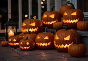 A collection of illuminated jack-o'-lanterns with various carved faces, arranged on a porch for Halloween.