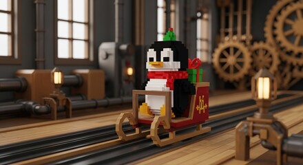 Pixel art penguin in a sleigh with gifts, riding on train tracks