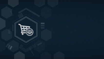 E-commerce Legal Regulation Icon with Shopping Cart and Scales of Justice on Dark Background