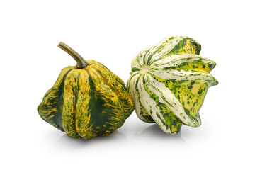 Small star shaped decorative pumpkins isolated on white background. Natural autumn decor for home interior and exterior.