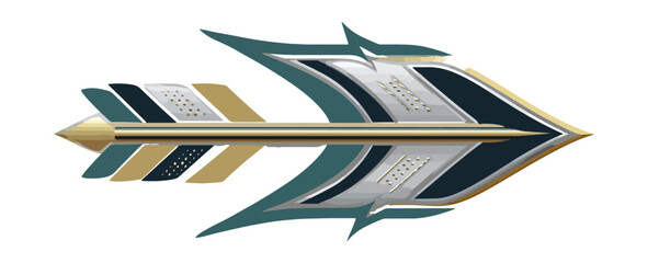 Decorative arrow symbol with gold and teal elements on black background