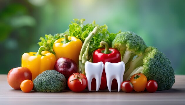 healthy smile concept with tooth figurines amongst colorful fresh vegetables showcasing the importance of nutrition for dental health