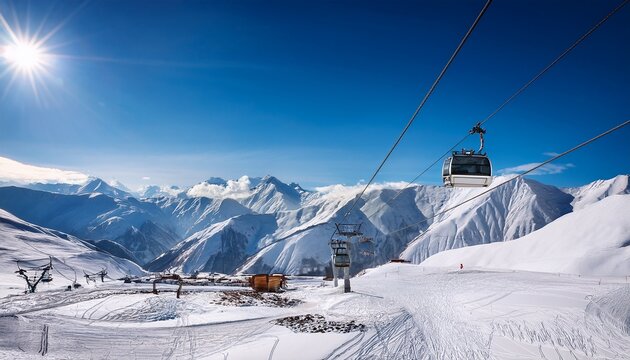gudauri ski resort gondola ski lift and snow covered caucasus mountains in distance gudauri georgia