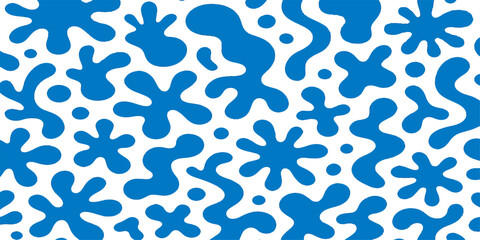 Abstract vector seamless pattern with blue and white geometric circles, flowers, and wave elements for fabric textile design illustration