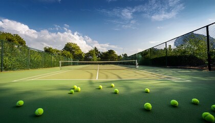scenic outdoor tennis court with green surface and scattered balls