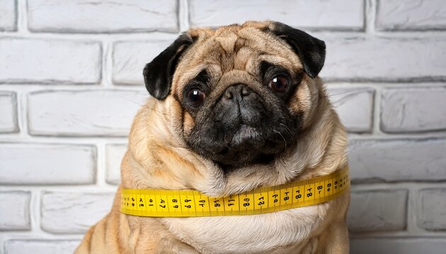 a cute fat pug sits wrapped in a yellow measuring tape near a white brick wall the concept of diet and the fight against obesity in dogs
