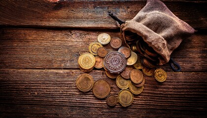 antique coins pour from rustic pouch onto aged wood worn metal gleams in warm light copy space for financial or historical themes concept of ancient money wealth treasure hunting
