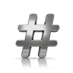 Obraz premium Shiny Metallic Hashtag Symbol Rendered with Realistic 3D Chrome Texture and Subtle Reflection on a Clean White Background Emphasizing Digital