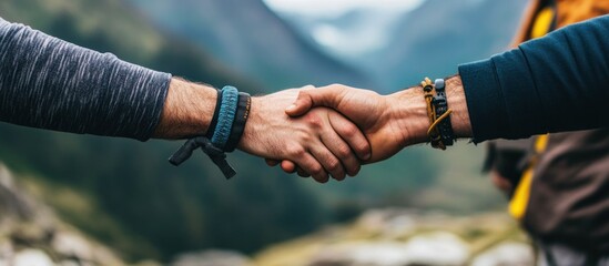 Two Hands Shaking in Mountainous Landscape
