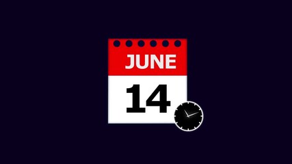 June 14th Calendar Page with Clock Icon on Dark Blue Background date