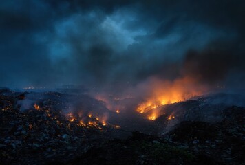 Waste dump engulfed in flames during evening with dark smoke billowing from burning garbage and debris