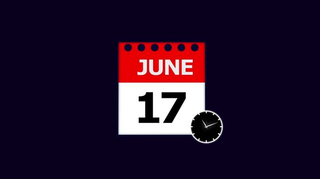 June 17th Calendar Page with Clock Icon on Dark Blue Background date