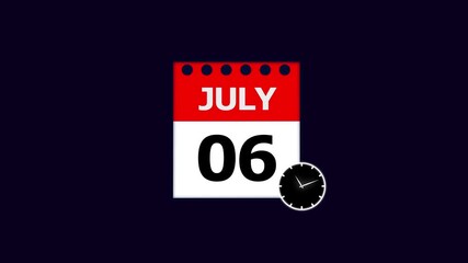 July 6th Calendar Page with Clock Icon on Dark Blue Background sixth date