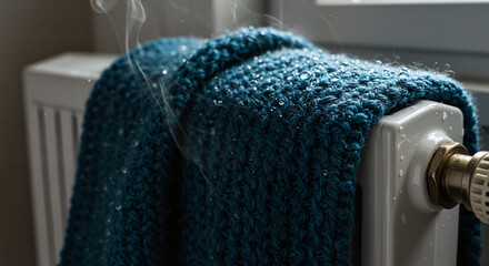 A close-up of a steaming wet scarf on heater with melting snow, a cozy image for blogs about winter and home comfort.