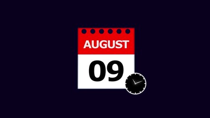August 9th Calendar Page with Clock Icon on Dark Blue Background ninth date