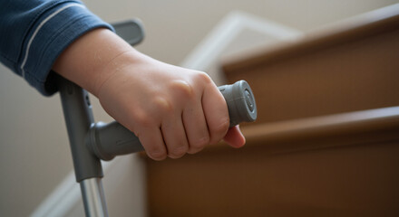 A closeup of a Young boy with sprained ankle using a crutch on the stairs, an image for content about childhood injuries and recovery.