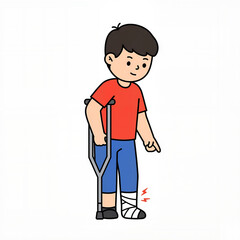 An illustration of a Young boy with sprained ankle looking down at his injured foot, a useful character design for medical and insurance content.