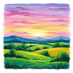 Fototapeta premium Vibrant Pastel Landscape Painting of Rolling Hills During a Fiery Sunset with a Dramatic Pink and Orange Sky Casting Warm Light Across the Verdant