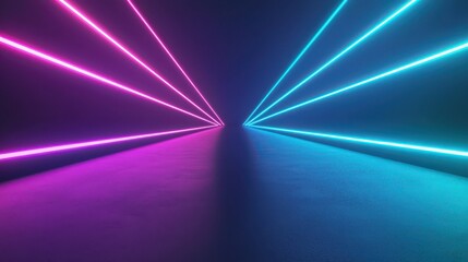 A futuristic scene featuring vibrant pink and blue laser beams converging in a dark space, creating a striking visual effect.