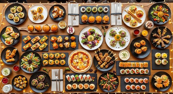 Lavish Feast Table Abundance Culinary Delights Gourmet Buffet Diverse Appetizers Sumptuous Food Selection Exquisite Dining Experience Fine Cuisine Variety Tempting Dishes Galore - Powered by Adobe