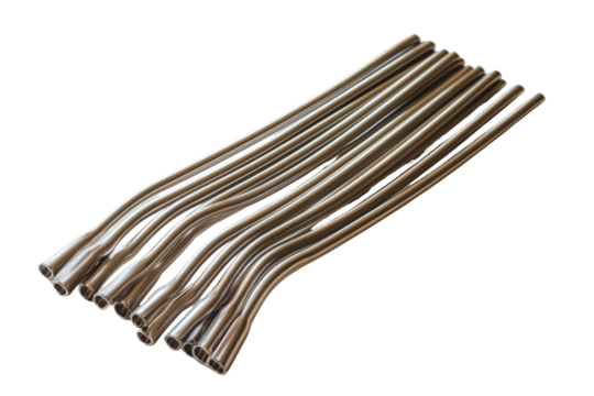 Bundle of hollow, flexible silver tubes with varying curves