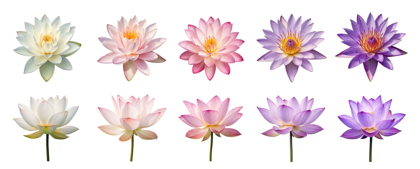 Lotus flower set, different angles, various colors and shades (white, pink, purple) isolated on transparent background