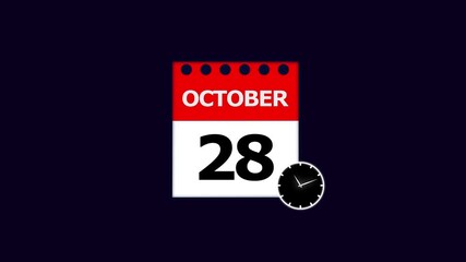 October 28th Calendar Page with Clock Icon on Dark Blue Background date