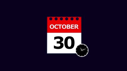 October 30th Calendar Page with Clock Icon on Dark Blue Background date