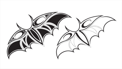 Black and white floral BAT tattoo vector design with vintage ornamental swirls and leaves silhouette