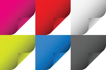 A collection of curled page corners in multiple colors (magenta, red, white, yellow, blue, black). Perfect template for notes, stickers, web banners, or any design project requiring a peel-off effect.