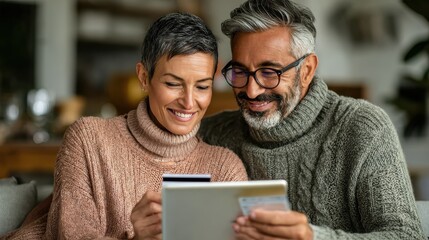 happy multiethnic mature couple using digital tablet for online payment with credit card latin wife showing something to buy on digital tablet to her indian husband middle eastern couple relaxing no 