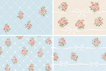 Obraz premium Shabby chic rose pattern with ribbons and gingham seamless vintage floral design with pink roses, blue bows, and pastel diamonds