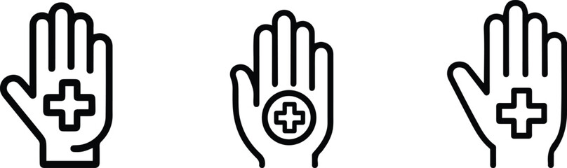 Hand with Medical Cross Icon Set, Healthcare Line Art Symbols