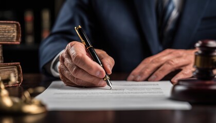 Notary Public Signs Legal Contract In Attorney'S Office: Businessman Working With Official Lawyer At Desk In Law Office.