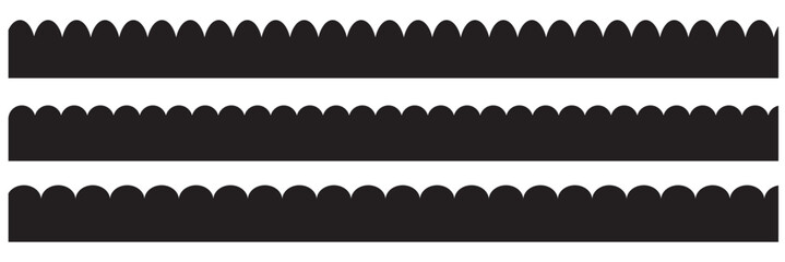 Scalloped edge line border strokes set. Fabric laces silhouette frame. Repeat cute vintage frill ornament. Black color Scalloped edge. Vector illustration. EPS 10.