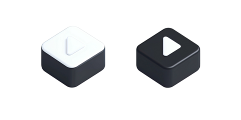 Play buttons, square, isometric. White on dark, dark on white. Simple UI