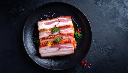 Overhead View Of Three Slices Of Cured Pork Belly With Herbs And Spices On A Dark Plate With Red Peppercorns And A Textured Background