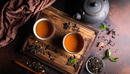 Overhead View of Two Ceramic Bowls Filled with Rich Amber Tea Surrounded by Scattered Tea Leaves and a Dark Teapot on a Wooden Board Accented by a Brown Textile