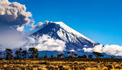 A majestic snow-capped volcano rises above rolling hills and sparse trees. Fluffy white clouds surround the peak against a clear blue sky