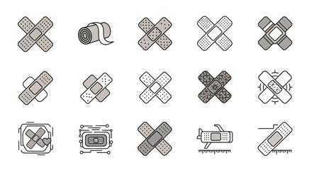 Collection of fifteen different band-aid illustrations, including crossed bandages, a roll of tape, and a bandage applied to a knee.