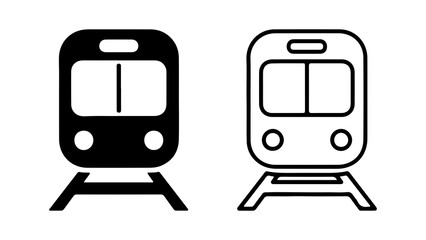 A set of two simple train icons, one solid black silhouette and one outline, representing public transportation.